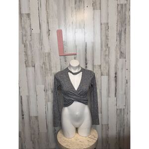 Forever 21 Gray Ribbed Twist Front Long Sleeve Crop Top Women’s Size Large